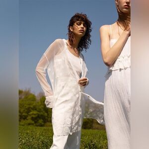 Zara sheer long Lace Embroidered Button Up Long Sleeve Tunic Size M